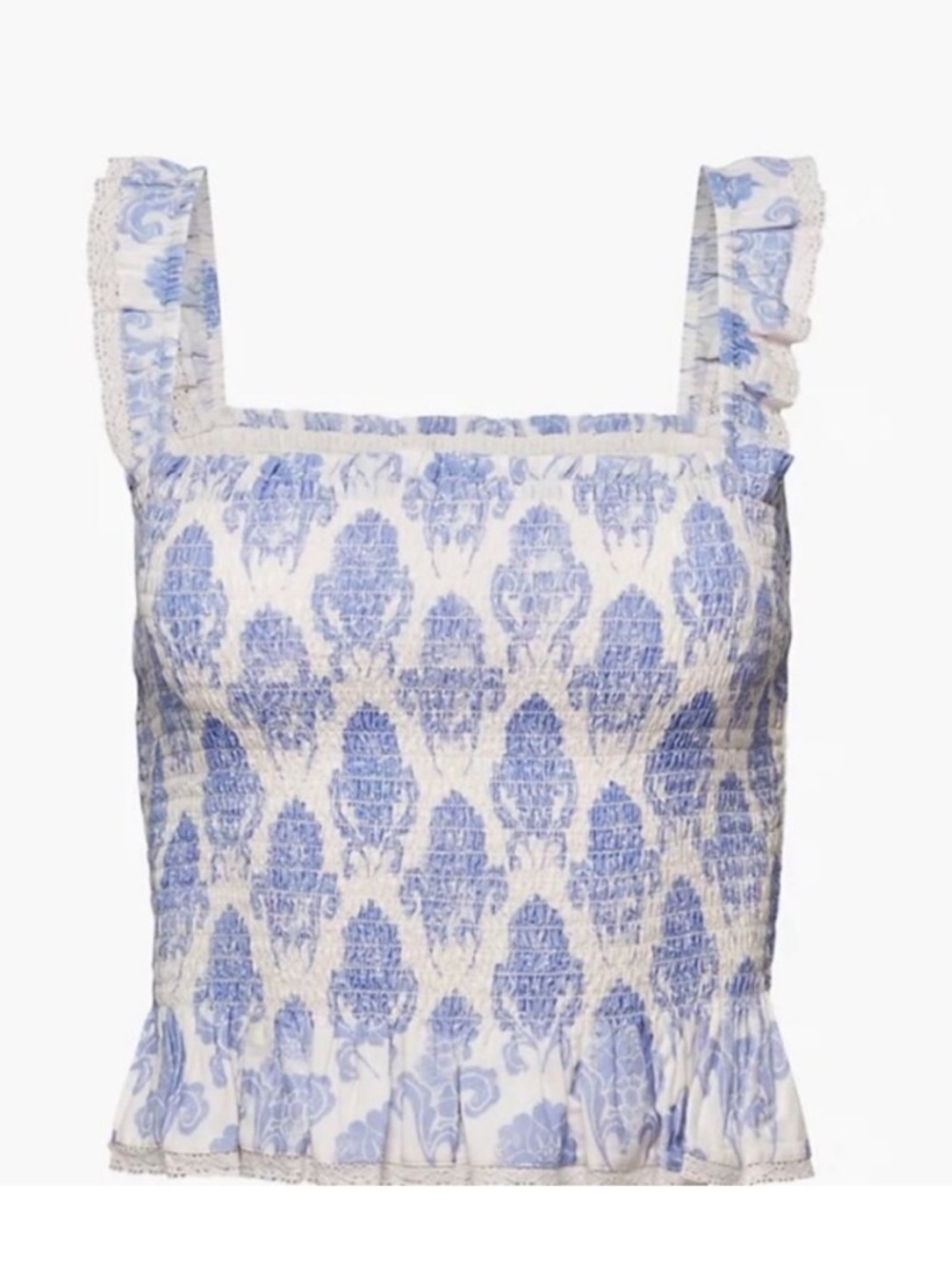 ARITZIA WILFRED PATHOS SMOCKED WHITE/BLUE CAMISOLE PEPLUM TOP SZ XS